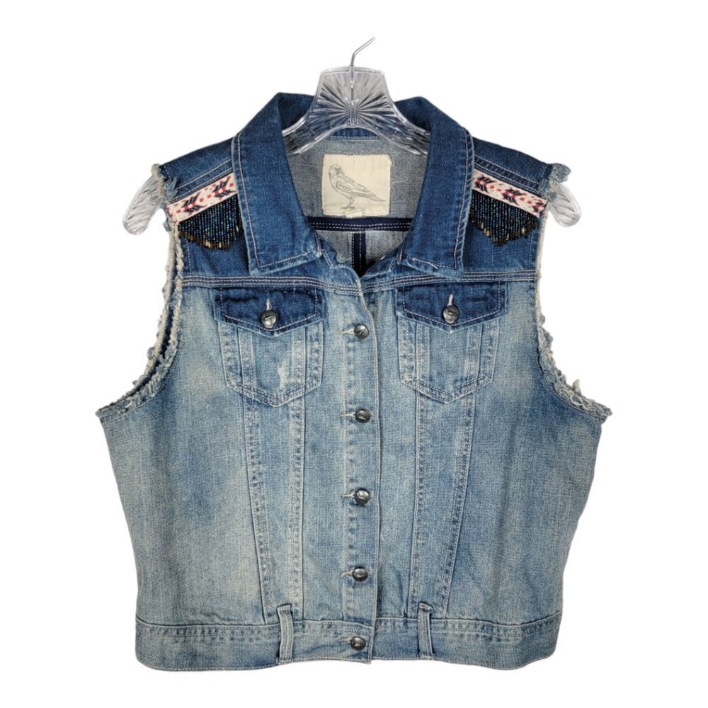 White Crow Denim Button Cropped Vest Cowgirl Rodeo Western Boho Beaded boho Ombr